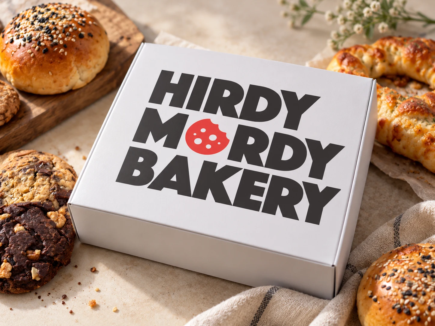 Hirdy Mordy Bakery branded box from our packaging